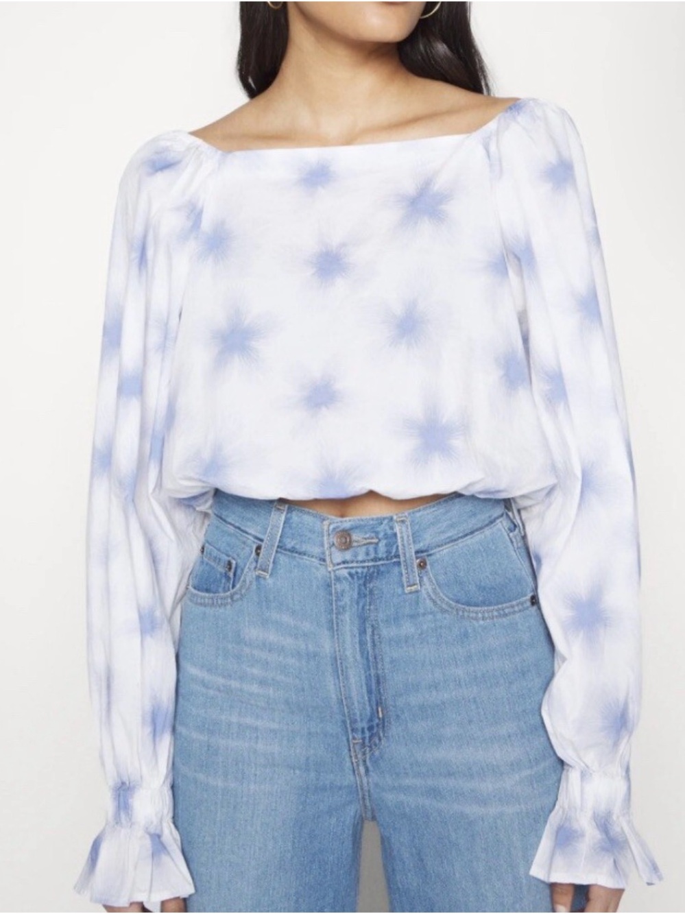 Levi's White and Light Blue Starburst Cropped Blouse